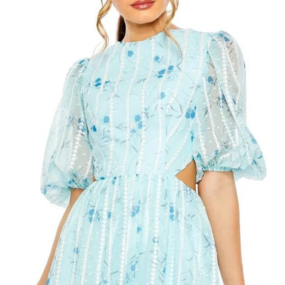 Mac Duggal 49602 Size 2 Blue Floral Corset Lace Up Back Puff Sleeve Midi Dress - Picture 2 of 3